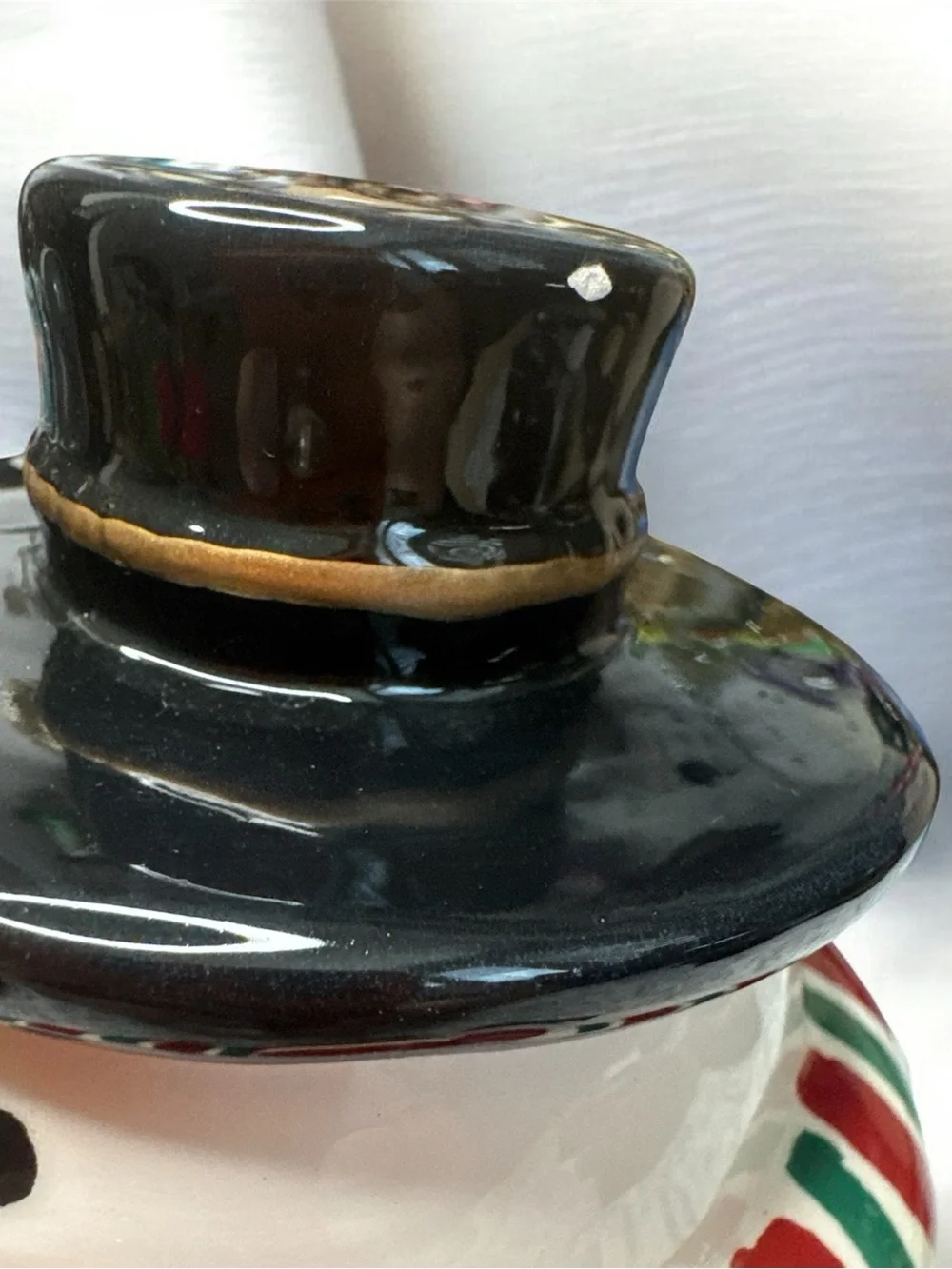 Gibson White Snowman Jar with Black Hat and Red-Green Scarf